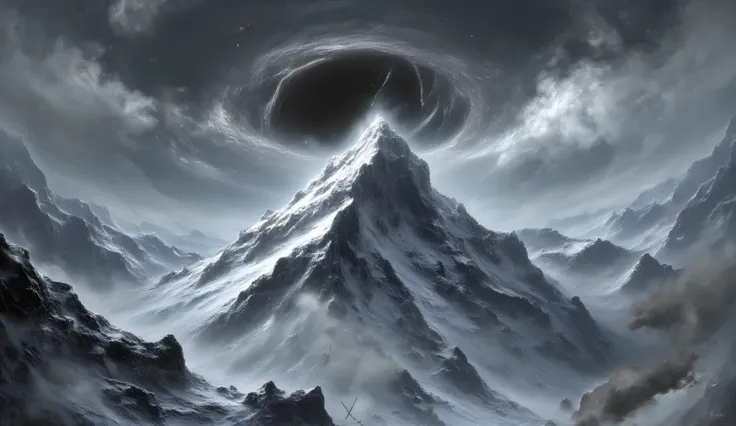 A close-up view of the mountain top. a snow-capped mountain. stormy sky. There is a black hole in the sky, right above the top of the country. Horror