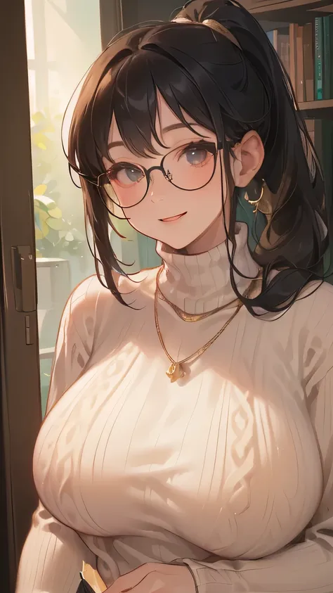 ((Big Breasts:1.6))、((( long ponytail upped:1.9、 Black Hair、Glasses、 gold necklace)))、((turtleneck white sweater:1.4))、((A cheerful expression:1.4))、 PORTRAIT、 Closeup 、 Libraries 、Wall of books 、masterpiece、Best Quality、 elaborate details 、 real、