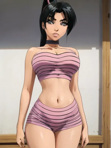 chica, with black hair, ponytail hair, Cute face with black eyes, pink cheeks full lips, eyeliner and shadow, sexy and provocative busty, slender and very sexy. Wide hips and large legs spread apart