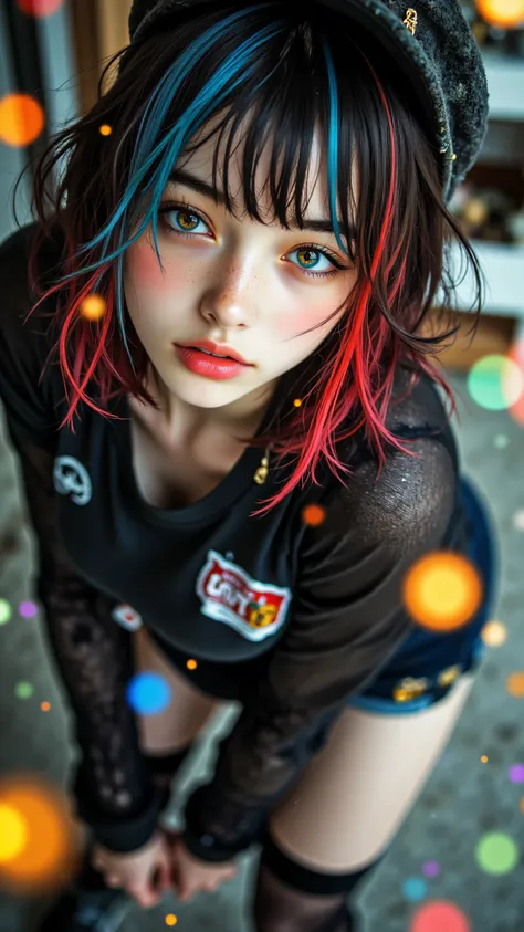 8k, Masterpiece, Top Quality, high angle shot, looking down, woman, short bob hair with bangs, split dye red and blue hair color, heterochromia (one blue eye, one yellow eye), looking up at camera, direct gaze, wearing dark top with patches, mesh sleeves, ...