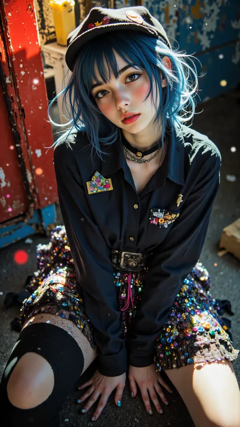 8k, Masterpiece, Top Quality, medium shot, slightly high angle looking down, woman, short blue bob hair with bangs, light brown eyes, wearing dark collared shirt with patches, dark peaked cap, sparkly iridescent multi-layered short skirt with ribbons, dark...