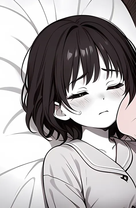 ((( Line art ))),((( monochrome))),lying bed ,kiss ,1boy ,1girl,couple ,hetero ,age , 1 boy,short hair,black hair, 2 girl ,iris , Dark Eyes ,((closed eyes)) ,( small eyes ),(Slanted Eyes) ,trace of tears ,(black hair),( short hair ),bangs ,((sleeping face)...