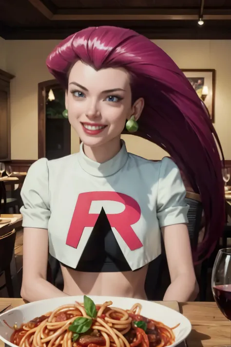 jessie_pokemon, earrings, team rocket uniform,  bra, very long hair, pink hair, hair slicked back, white bikini ,  looking at viewer, happy, smiling, teeth, 
sitting, inside a Italian restaurant,table full of food, spaghetti, red wine glass, romantic ambia...