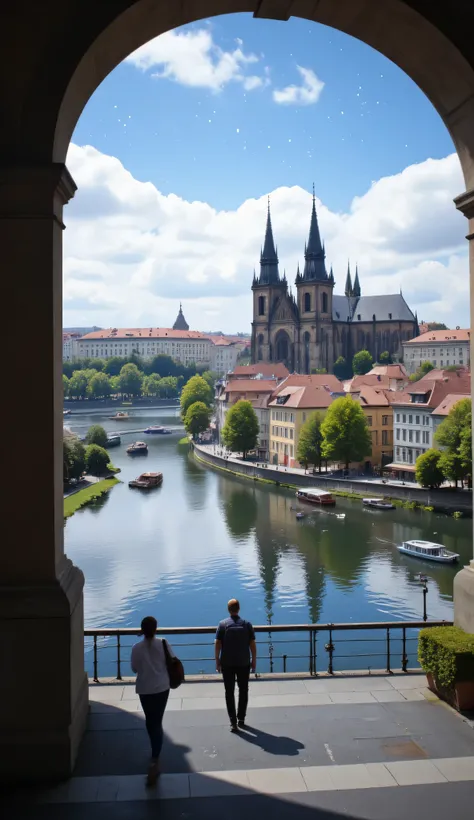 high resolution images、Prague city architecture、picture of Prague Cathedral by the river、picturesque background、digital image with small boats、high resolution background with sparkling sky and clouds、 Dreamy Cathedral、Highly Detailed Digital Image、high res...