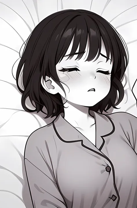 ((( Line art ))),((( monochrome))),lying bed ,kiss ,1boy ,1girl,couple ,hetero ,age , 1 boy,short hair,black hair, 2 girl ,iris , Dark Eyes ,((closed eyes)) ,( small eyes ),(Slanted Eyes) ,trace of tears ,(black hair),( short hair ),bangs ,((sleeping face)...