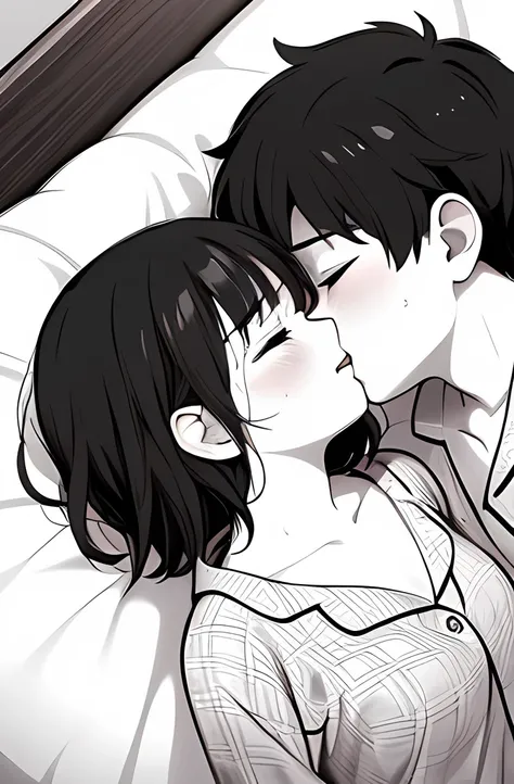 ((( Line art ))),((( monochrome))),lying bed ,lying down,kiss ,1boy ,1girl,couple ,hetero ,age , 1 boy,short hair,black hair, 2 girl ,iris , Dark Eyes ,((closed eyes)) ,( small eyes ),(Slanted Eyes) ,trace of tears ,(black hair),( short hair ),bangs ,((sle...