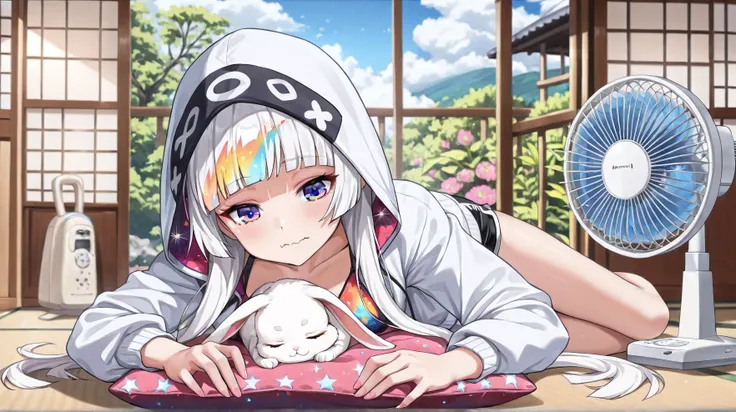 ((detailed eyes)),((correct_anatomy)),((high_quality)), ((Super_Detailed)), ((Best Quality)),((score_9, source_anime)), 1girl and 1rabbit, (white hair,extra long hair,hime cut), small breasts, :3 , violet eyes, fair skin:1.2, (rabbit on stomach), sleeping,...