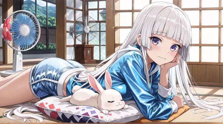 ((detailed eyes)),((correct_anatomy)),((high_quality)), ((Super_Detailed)), ((Best Quality)),((score_9, source_anime)), 1girl and 1rabbit, (white hair,extra long hair,hime cut), small breasts, :3 , violet eyes, fair skin:1.2, (rabbit on stomach), sleeping,...