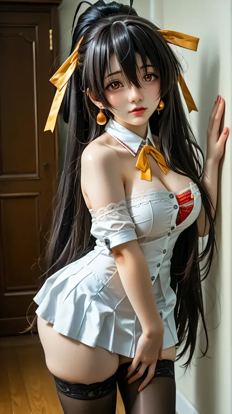 score_9, score_,Above 8,focus,, absurdres, highres, illustration,

a girl,akeno, ponandtail, long hair, ribbon,their breasts are huge, big thighs,large hips well defined buttocks,
high stockings, belland button, jewelrand, earrings, abdomen,(strapless top)...