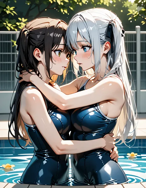(score_9, score_8_up, score_7_up), source_Anime, absurd_res, white, blue, black, 2girls, duo, multiple girls, upper body, super fine illustration, an extremely delicate and beautiful, best quality, masterpiece, 8K, summer setting, in outdoor school pool, b...