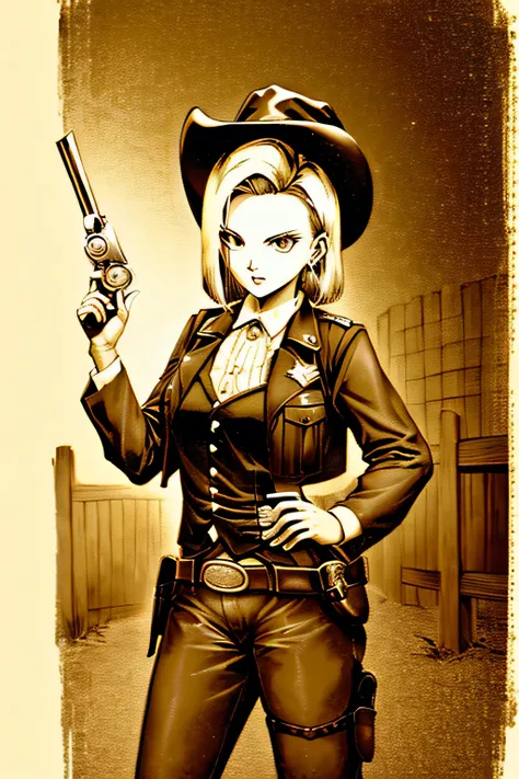 age girl in a western-inspired, brown and dark green tones, android 18, cowgirl outfit, cowboy hat, gun holster, western boots, delicate gun pose, (holding a Colt Single Action Army revolver:1.3) with a 7.5-inch octagonal barrel, (holding the revolver gri...