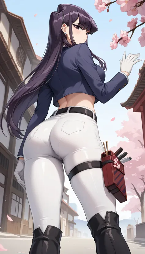 score_9, score_8_up, score_7_up, source_anime, 1girl, solo, outdoors, street, cherry blossoms, cowboy shot, standing, looking back, shiny skin, Komi Shouko, purple eyes, purple hair, long hair, military uniform, long sleeves, crop top, white ascot, jewelry...