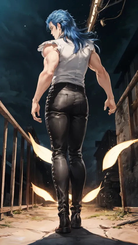 ((Best Quality)),( super high definition),(Super detailed),( detailed description ),((The best CG)),(masterpiece) , rei,1boy,blue metric hair,long hair,curvy hip,full body,from behind 