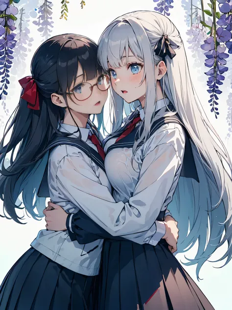 (score_9, score_8_up, score_7_up), source_Anime, absurd_res, white, blue, black, 2girls, duo, multiple girls, upper body, super fine illustration, an extremely delicate and beautiful, best quality, masterpiece, 8K, spring setting, wisteria flowers, gentle ...