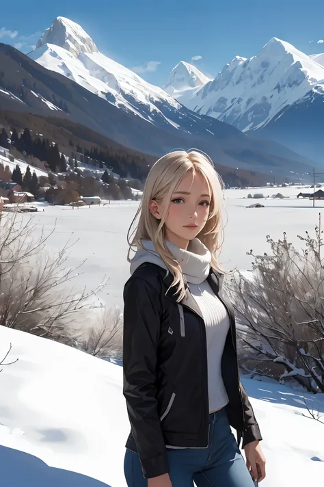 obra-prima ,best quality, A beautiful light-haired woman, flores, snow-capped mountains, summer