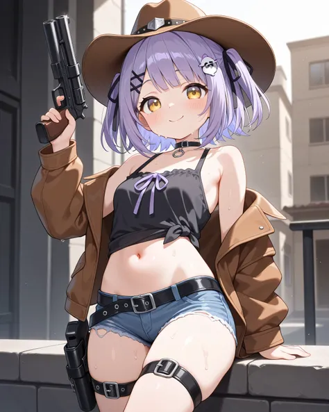 (best quality,amazing quality,very aesthetic,absurdres,newest,4k,8k), shinomiya runa, 1girl, solo, virtual youtuber, purple hair, two side up, short hair, yellow eyes, hair ribbon, black ribbon,hair ornament, hairclip, black choker, cowboy hat, brown cowbo...