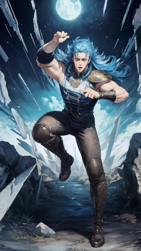 ((Best Quality)),( super high definition),(Super detailed),( detailed description ),((The best CG)),(masterpiece) , rei,1boy,blue metric hair,long hair,curvy hip,full body, in a dynamic pose