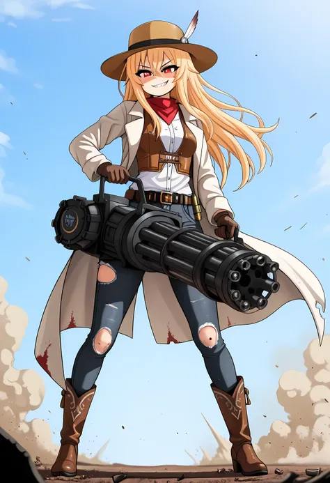 ((best quality)), ((masterpiece)), (detailed), perfect face, Western movie, Gatling gun, gunman, Ten-gallon hat, blonde, long hair, untrimmed, he gunslinger stands at the edge of town, her wide-brimmed hat pulled low to hide a smirk that dares anyone to ch...