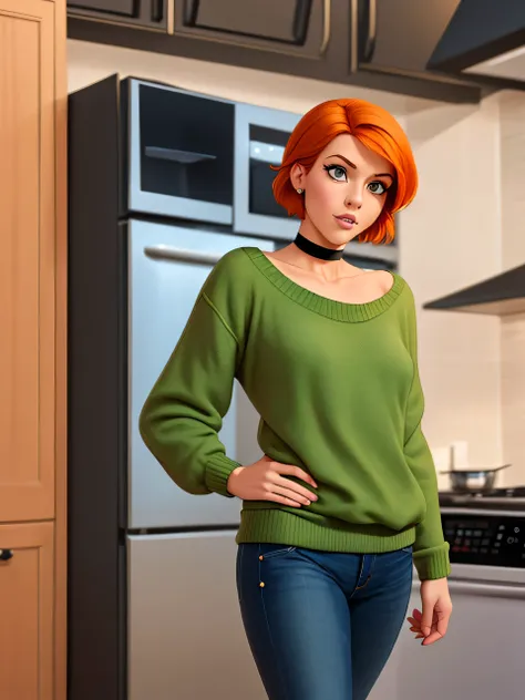 Anastasia, (Anastasia:1.5), masterpiece cartoon, (masterpiece cartoon:1.3), detailed, realistic, (realistic:1.3), 1girl, solo, (solo:1.9), 30 years old, in a home kitchen, (in a home kitchen:1.5), orange hair, (orange hair:1.5), short hair, (short hair:1.5...