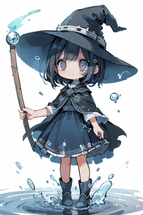 (masterpiece, best quality, chibi style, simple lines, clean white background),
cute young witch girl standing on water surface,
short bob cut black hair, big round black eyes,
wearing blue witch hat, blue cape, blue dress, and blue boots,
holding a wooden...