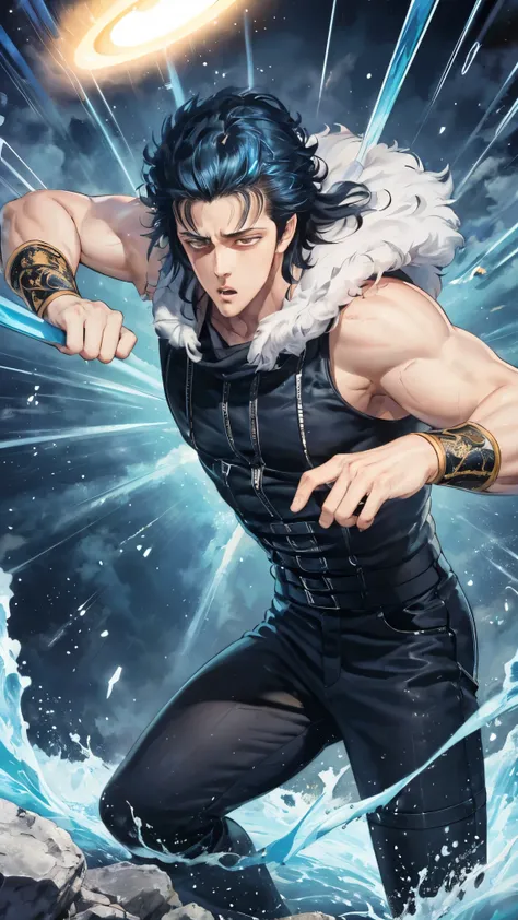 ((Best Quality)),( super high definition),(Super detailed),( detailed description ),((The best CG)),(masterpiece) , rei,1boy,blue metric hair,long hair, in a dynamic pose