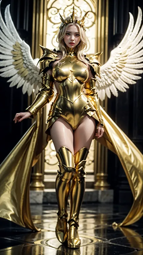  a close up of a woman standing  , posando, Com uma golden armor, Singing a song,  golden armor , heavy golden armor. dramatic, Angelic Golden Armor ,   but the armor covers your face  ,  golden armor , Golden Armor, covered in shiny gold and silver, sleek...