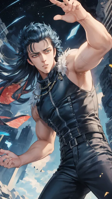 ((Best Quality)),( super high definition),(Super detailed),( detailed description ),((The best CG)),(masterpiece) , rei,1boy,blue metric hair,long hair, in a dynamic pose