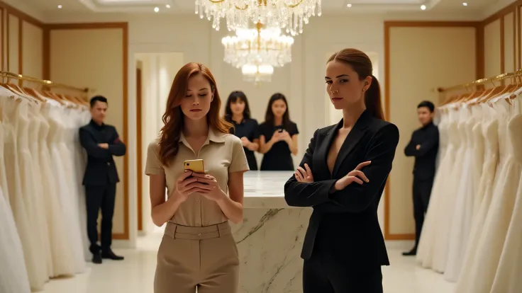 A cinematic medium shot in an upscale bridal boutique called "Maison Clair de Lune": on the left features a young woman in simple beige polo and tailored trousers, holding up her smartphone, her auburn hair softly lit; on the right shows a woman boutique m...