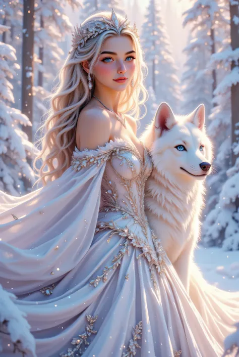 A breathtaking ultra-HD fantasy portrait of a beautiful princess with long, flowing platinum-blonde hair wearing an elegant silver and white gown adorned with intricate floral embroidery. She smiles warmly, crowned with a glittering diamond tiara and spark...