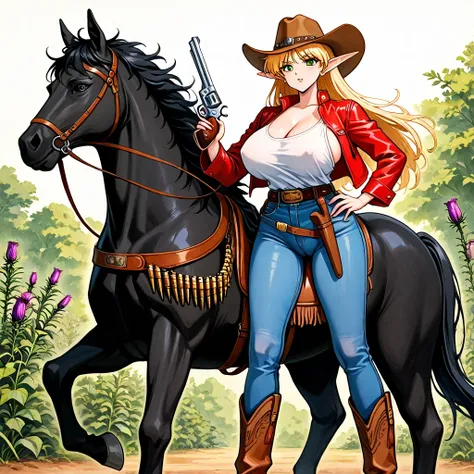 (masterpiece),(better quality),high score, highres,  incredibly absurd , amazing quality, official art, Retro style, traditional media,
 vaquero western,wild nature, thistle,canon,
a girl,Alone , illuminated fact, pointy ears, blond hair, long hair, elf, g...