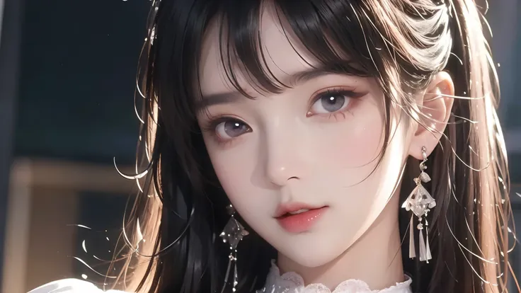 Realistic: 1.3, masterpiece, highest quality, high resolution, Details: 1.2, 1 girl, Hairpin, pretty face, Delicate Eyes, Tassel Earrings, necklace, ribbon, Elegant posture , aesthetics, movie lighting, ray tracing, depth of field, Layering, thump, Lac...