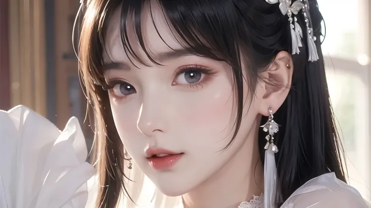 Realistic: 1.3, masterpiece, highest quality, high resolution, Details: 1.2, 1 girl, Hairpin, pretty face, Delicate Eyes, Tassel Earrings, necklace, ribbon, Elegant posture , aesthetics, movie lighting, ray tracing, depth of field, Layering, thump, Lac...