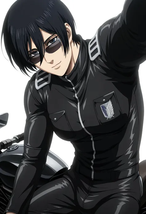 anime coloring, anime screencap, mikasa ackerman, 1girl, solo, short hair, black hair, towards viewer, badass, closed mouth, black sport bra, , black pants, sitting on bike, cowboy shot, reaching towards viewer,, white background, simple background, master...