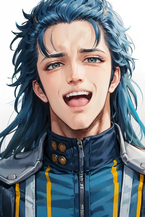 rei,1boy,blue hair,long hair,portrait,open mouth,laugh