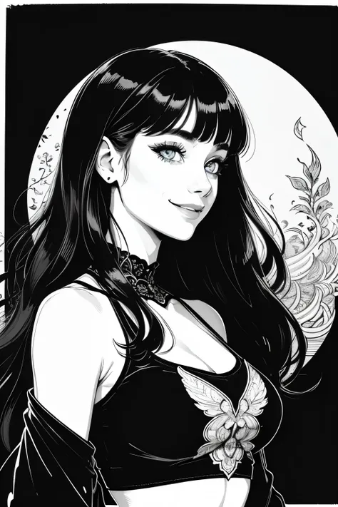 Ultra-detailed, master piece, Top quality, woman, bewitching smile, Beardsley style picture, monochrome, ink_art, line-art, block print, side view, crop top, long wavy hair, bangs, Very_beautiful_face, very_beautiful_eyes, even_eyes
