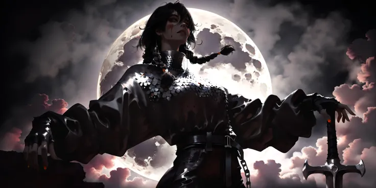 artist: wlop, masterpiece, best quality, illustration, a vampire woman, beautiful woman, European facial features, Caucasian, small breasts, shoulder length black hair, small braids, red irises, detailed face, loose fitting leather pants, female wearing ve...