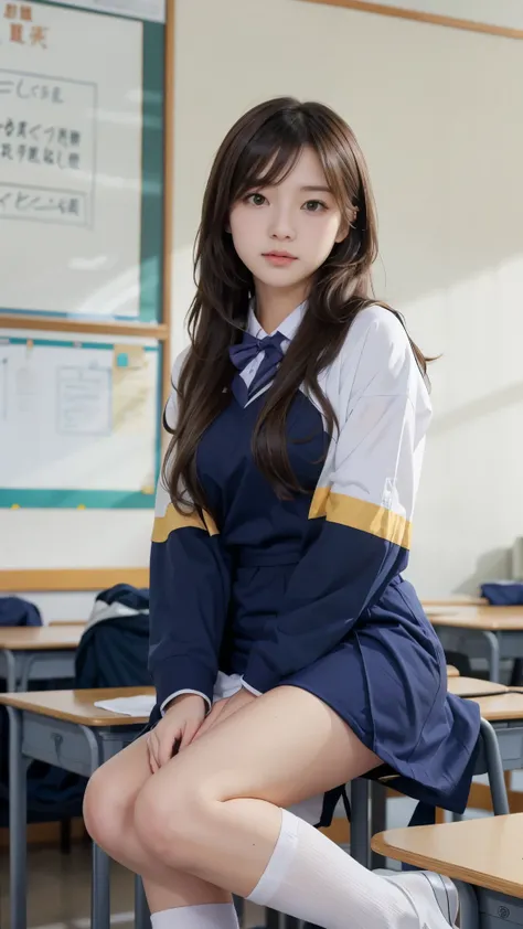 high school girl。sitting in a classroom at school。study。Sailor Suit。日本人