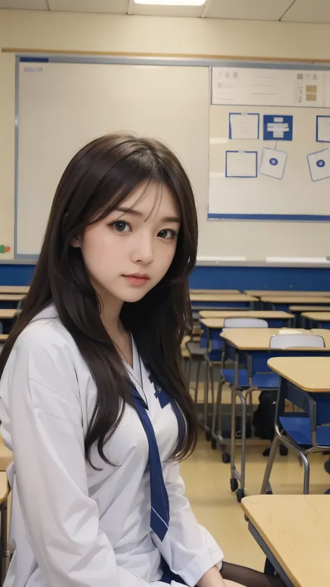 high school girl。sitting in a classroom at school。study。Sailor Suit。日本人