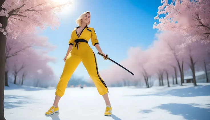 Full-body shot of a fierce woman in a vibrant yellow jumpsuit made out of slick material (exactly like Kill Bill) with black side stripes, holding a katana in a ready stance. She should have very large breasts with a low cut top in her jumpsuit. She stands...