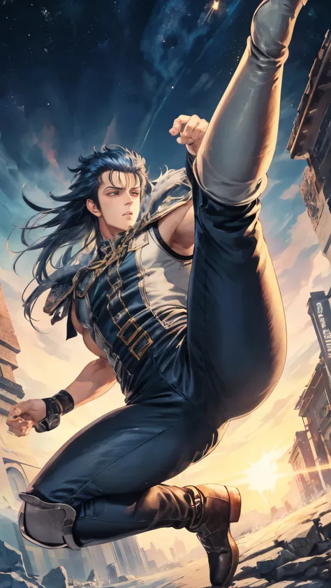 ((Best Quality)),( super high definition),(Super detailed),( detailed description ),((The best CG)),(masterpiece) , rei,1boy,blue metric hair,long hair, in a dynamic pose