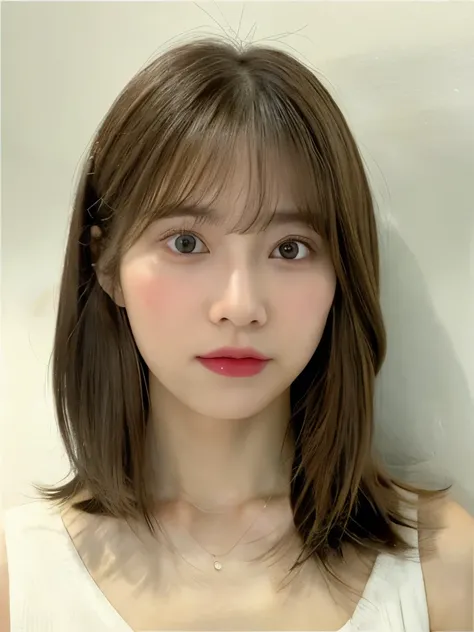 Close-up of a brown-haired woman in a white shirt, Shoulders - Length hair, Medium length hair, Curtain bang, Medium length hair, with short hair, Shoulder-length hair, White princess cut hairstyle, Korean symmetrical face, short～Medium Hair, Neat hairstyl...