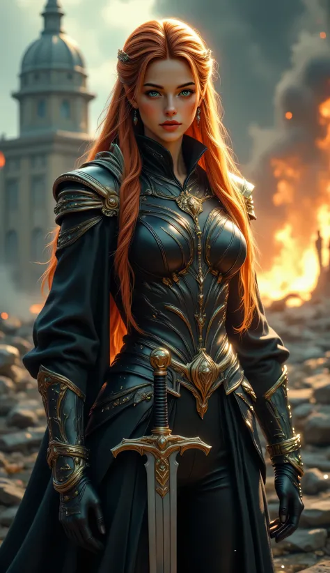 A stunning female warrior kneeling on battle-worn ground at golden hour, with smoldering fires and medieval ruins behind her. She has long, braided auburn-red hair, glowing fair skin, and a fierce yet regal expression. Her striking green eyes are filled wi...