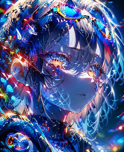 female、solo、Kal'tsit (Arknights) based。Slim and tall、Big Breasts。yellow and red spotted tattoo on pale green skin。bright orange long hair、neon yellow highlights、blue and orange neon lights on fishtail braid。wet skin、bare shoulder、half-closed eyes、Trail of...