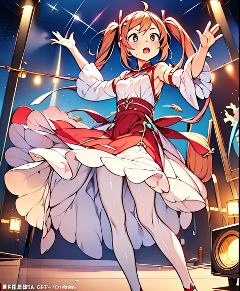 ( masterpiece、 Highest Quality、 Highest Quality、Official Art、 beautiful beautiful :1.2) Hatsune Miku、LIGHT GREEN TWIN TAILS, beautiful breasts, on an outdoor festival stage at night, A lively female rock singer who sings passionately while holding a red...