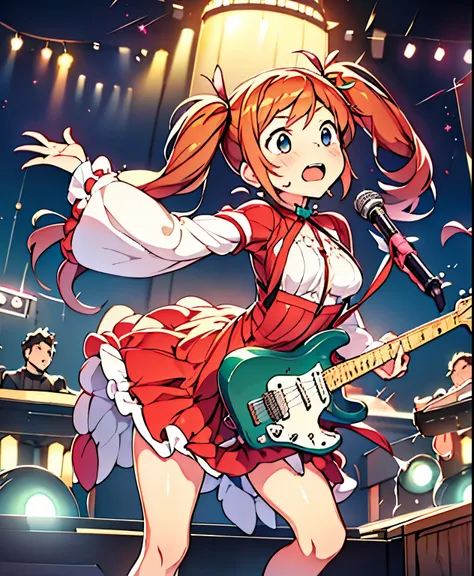 ( masterpiece、 Highest Quality、 Highest Quality、Official Art、 beautiful beautiful :1.2) Hatsune Miku、LIGHT GREEN TWIN TAILS, beautiful breasts, on an outdoor festival stage at night, A lively female rock singer who sings passionately while holding a red...
