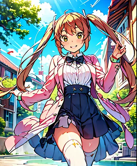 ( masterpiece、 Highest Quality、 Highest Quality、Official Art、 beautiful beautiful :1.2) Hatsune Miku、LIGHT GREEN TWIN TAILS, beautiful breasts, (Highest Quality,great quality,very aesthetic,Absard Dress,newest,4K,8k), Shinomiya Magic, medium hair, two ...