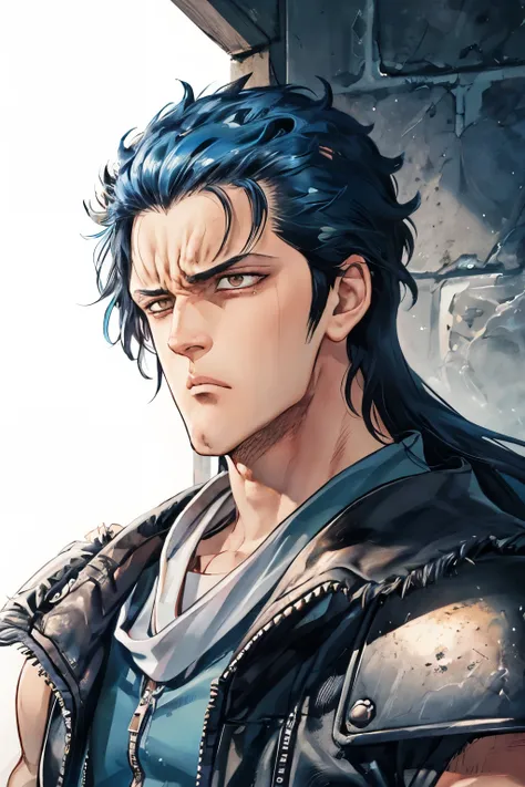 rei,1boy,blue hair,long hair,portrait,angry