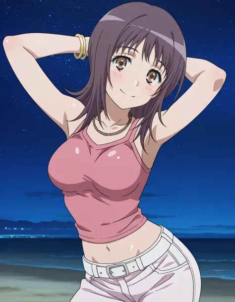 itsuwa, anime coloring, anime screencap, 
bracelet, shirt, sleeveless, sleeveless shirt, breasts, blush, medium hair, brown eyes, pink shirt, long hair, necklace, medium breasts, crop top, collarbone, white belt, Itsuwa pink shirt white pants (outfit), shi...