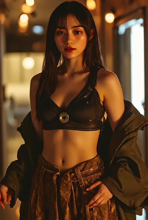 (((Inside an Edo-style spaceship:2.0))),(((HR Gigger-style cyberpunk atmosphere:2.0))),((Night vision goggle-shaped eyepatch:2.0)),standing,((full body:2.0)),One woman,(cute face),(Beautiful well-balanced face ),((long hair with bangs:2.0)),(wavy black hai...