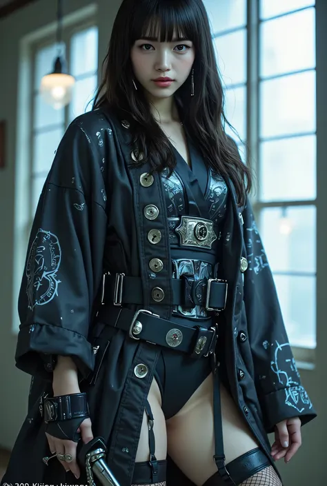 (((A futuristic city in the style of the Edo period:2.0))),(((HR Gigger-style cyberpunk atmosphere:2.0))),((holding a futuristic Japanese sword:2.0)),standing,((full body:2.0)),One woman,(cute face),(Beautiful well-balanced face ),((long hair with bangs:2....